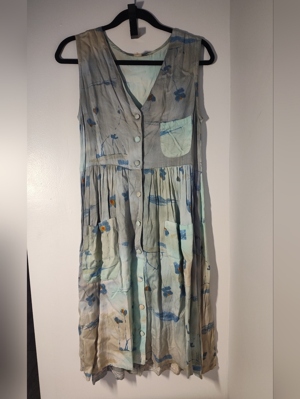 Sleeveless Midi Button-Front Dress in Light Blue and Gray #23